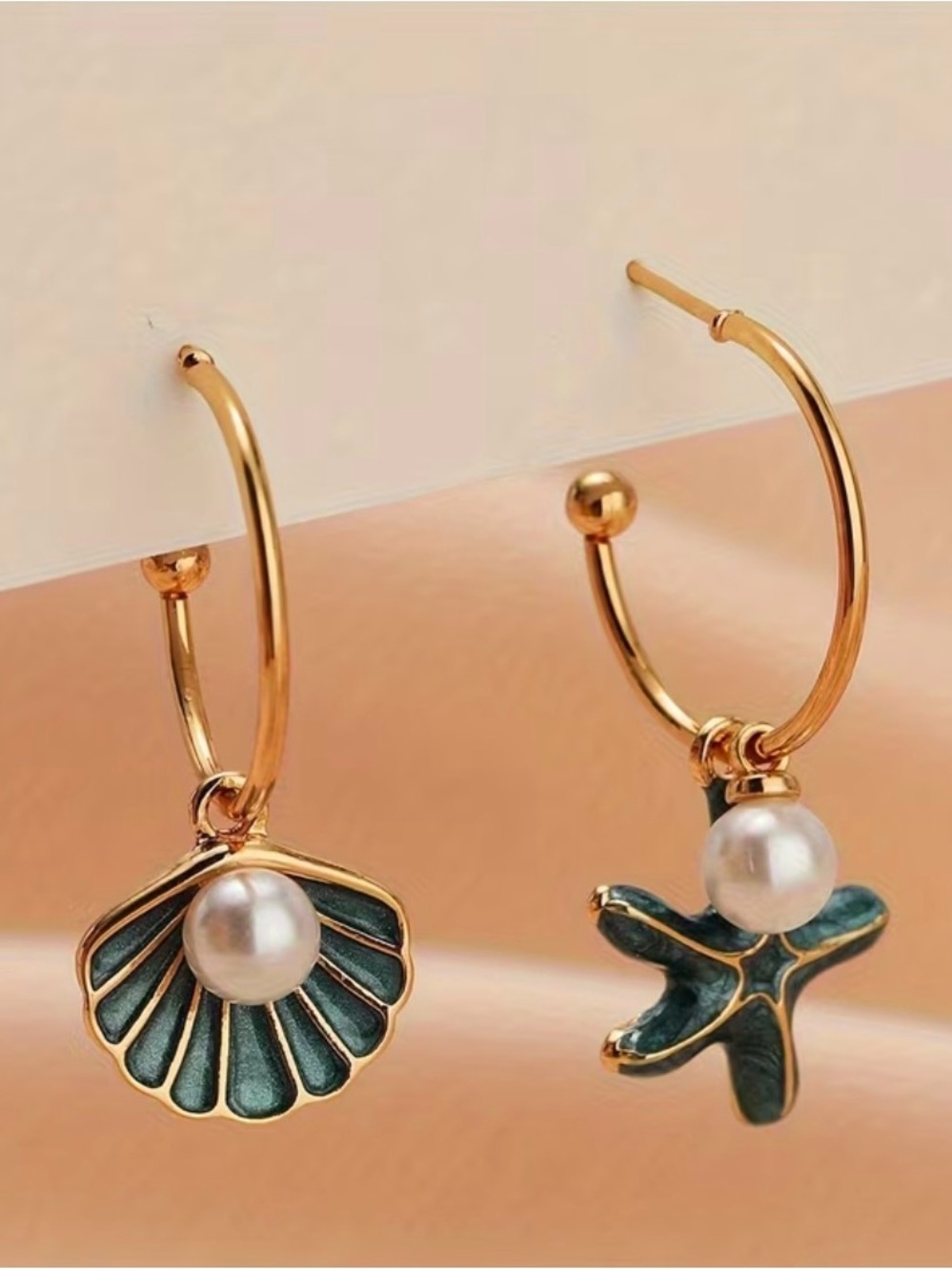 Gold Hoop Earrings with Green Enamel Shell & Starfish Charms and White Pearls